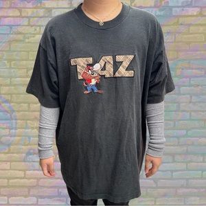 Vintage 1992 Looney Tunes Taz Burberry-Like Patch-Embroidery Logo USA Made Shirt